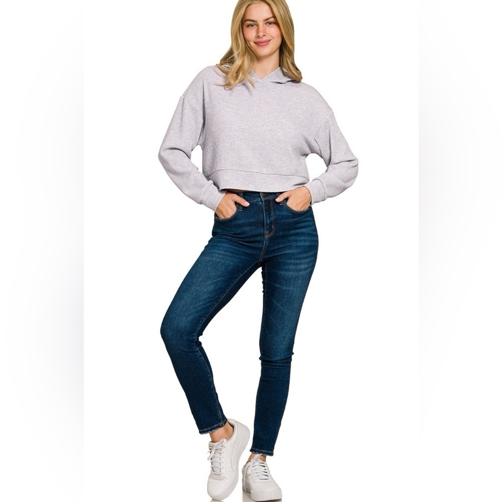 Zenana Drop Shoulder Ribbed Crop Hoodie